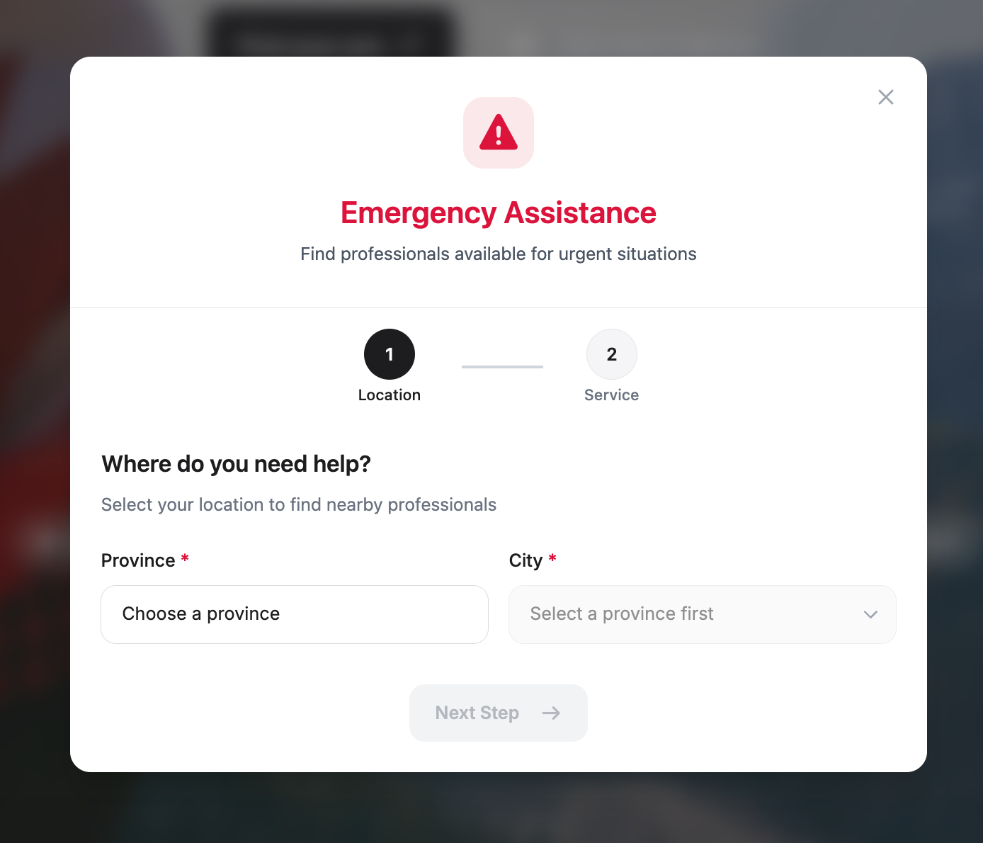 Emergency request modal for urgent situations