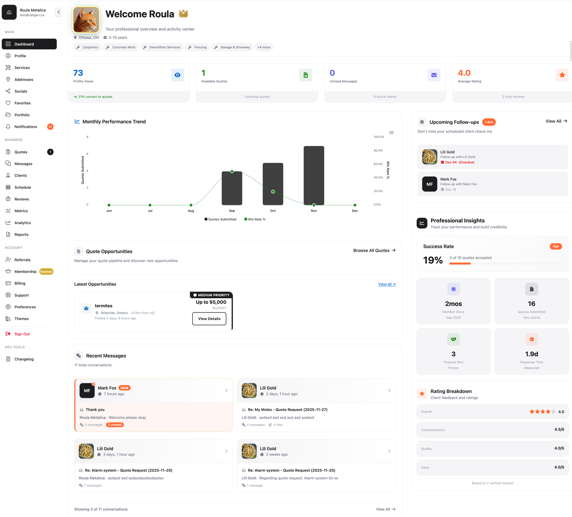 Professional dashboard showing portfolio, quotes, and analytics